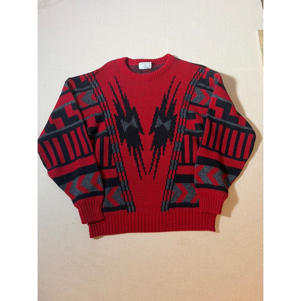 Vintage Honneywell & Todd Red Black Geometric Tribal Knit Sweater Mens Large USA